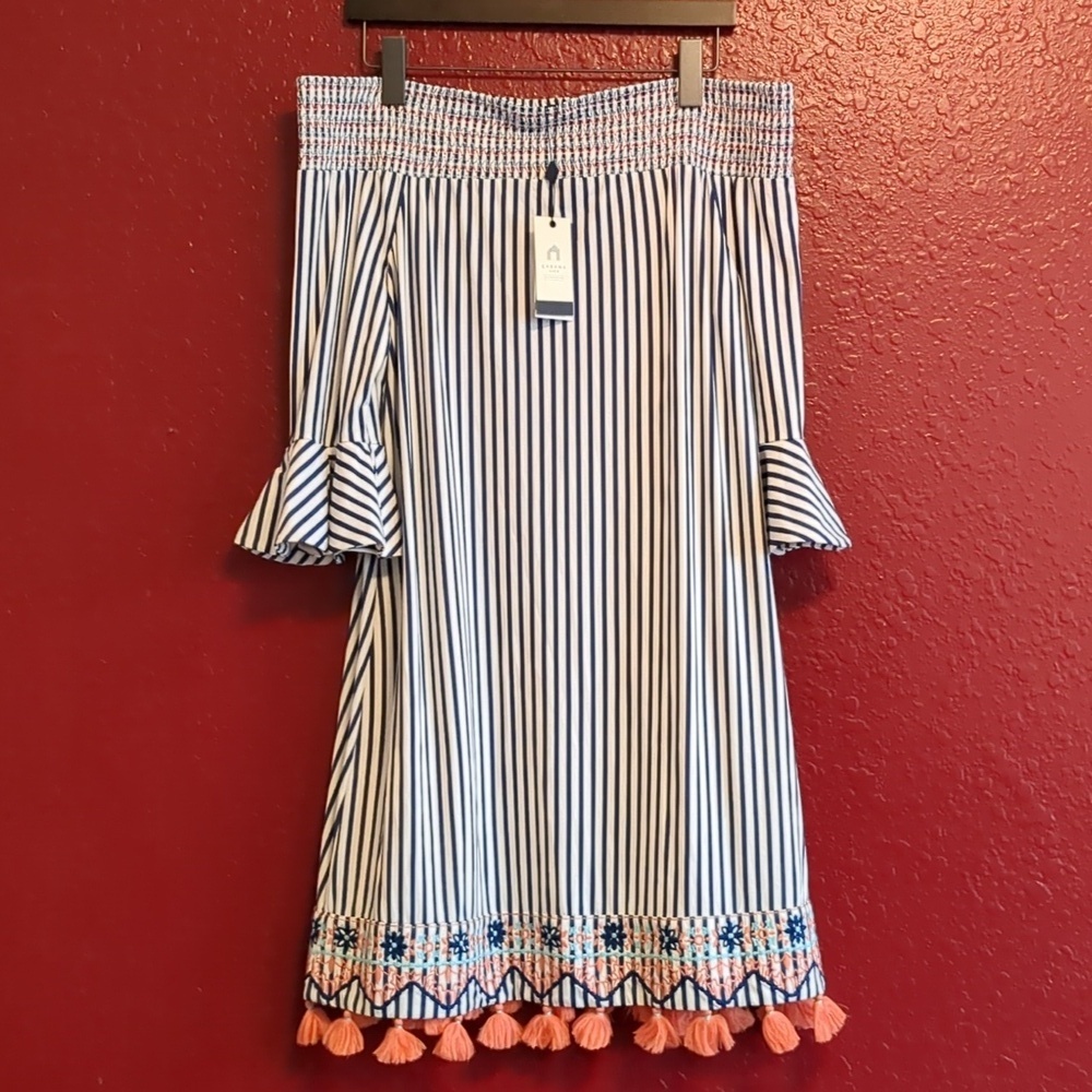 Cabana Life Tulip Sleeve-Embroidery Smocked Off Shoulder/ Tassels Mini Dress NWT